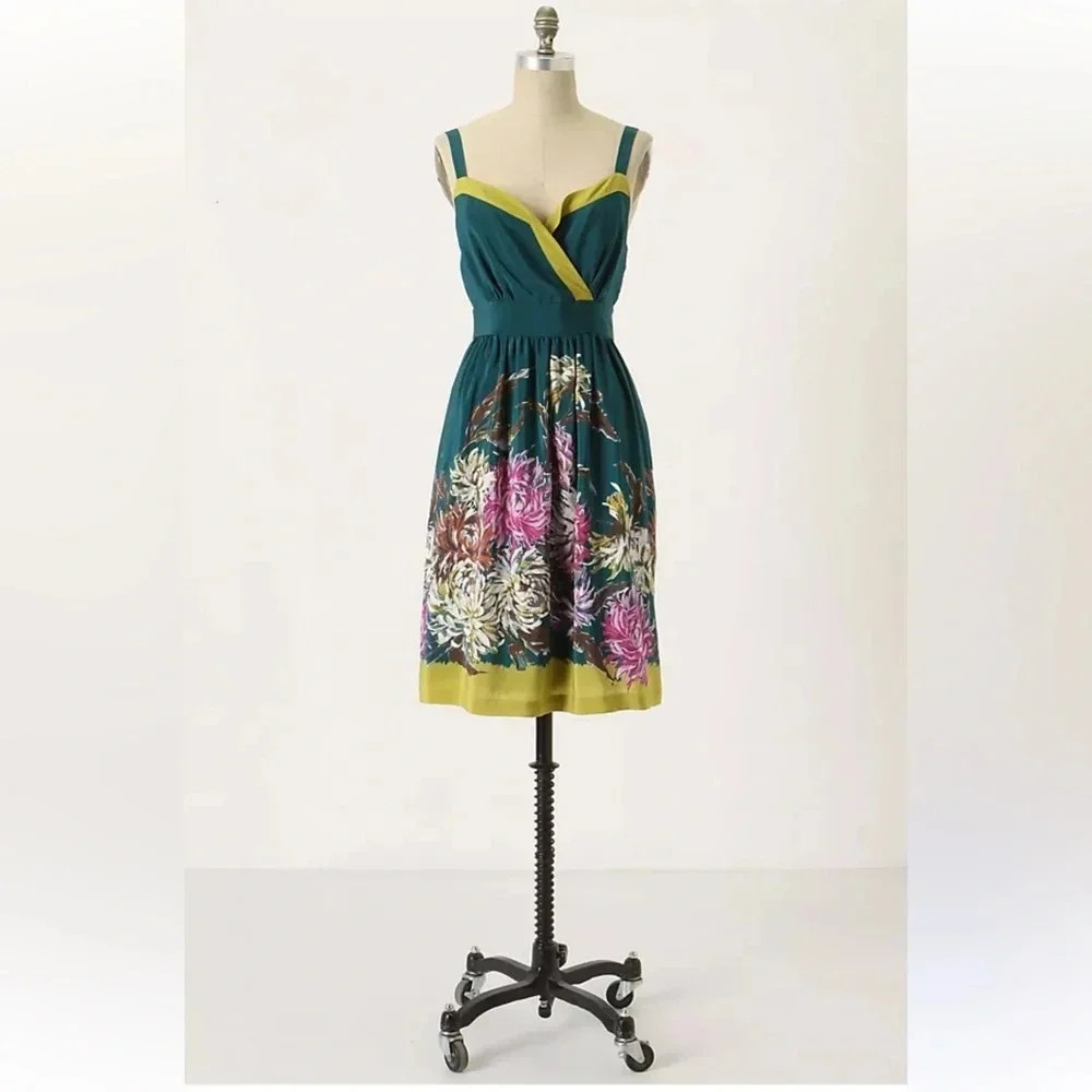 Maeve Teal Floral Fit-and-Flare Mini Dress with Yellow Trim